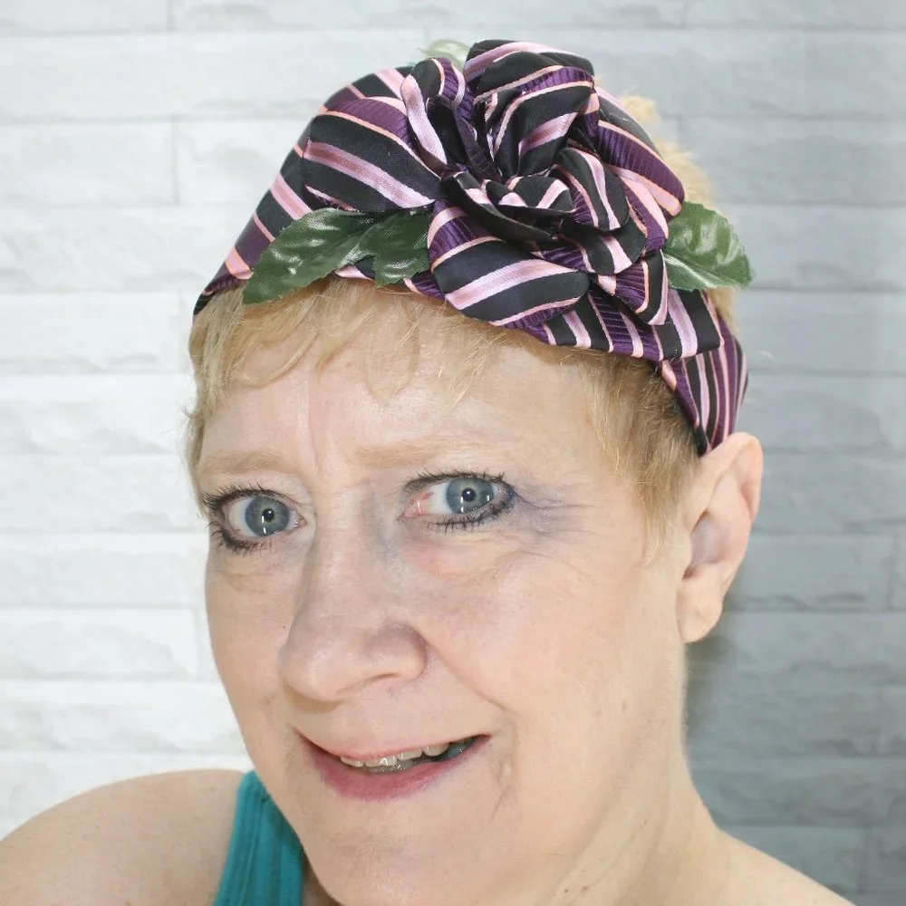 HAND CRAFTED Wrap Headband Silk Stripes Wide Upcycled Necktie Retro Plum Purple
